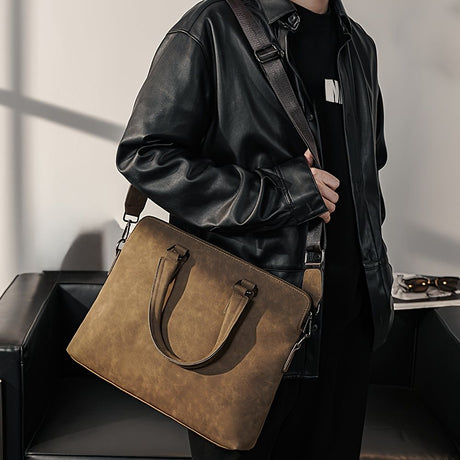 Gray Brown Men'S Leather Briefcase Laptop Bag Professional Carry-All Commuter Attaché