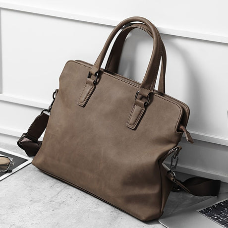 Gray Brown Men'S Leather Briefcase Laptop Bag Professional Carry-All Commuter Attaché