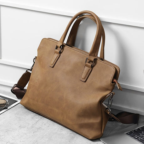 Gray Brown Men'S Leather Briefcase Laptop Bag Professional Carry-All Commuter Attaché