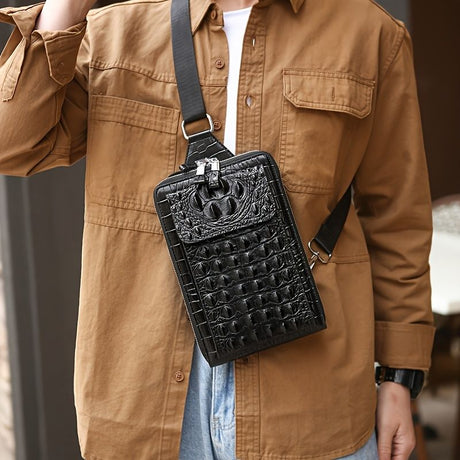 Black Gray Men'S Chest Bag Crocodile Embossed Bag Travel Bag Men Adjustable Strap Bag