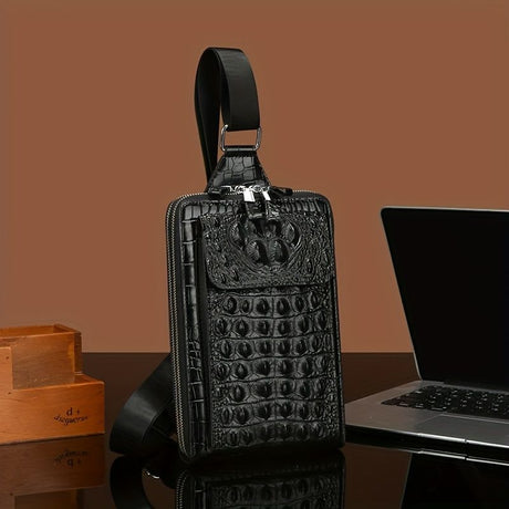 Black Gray Men'S Chest Bag Crocodile Embossed Bag Travel Bag Men Adjustable Strap Bag
