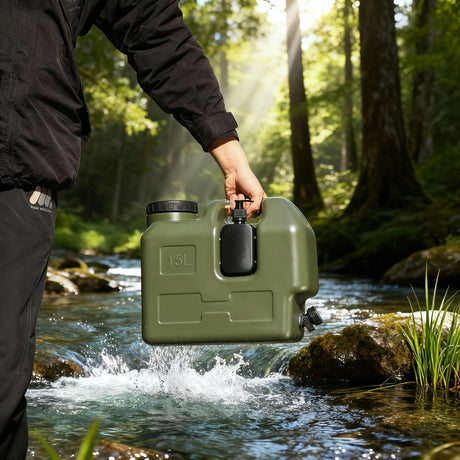 Green 20L water container, camping water storage, outdoor hydration, Australian camping gear, robust water canister, portable water tank, emergency water supply