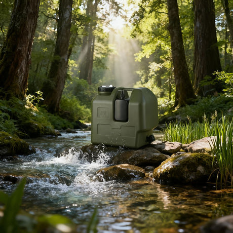Green 20L water container, camping water storage, outdoor hydration, Australian camping gear, robust water canister, portable water tank, emergency water supply
