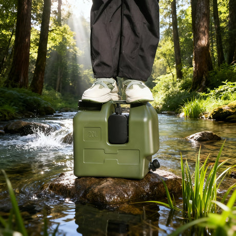 Green 20L water container, camping water storage, outdoor hydration, Australian camping gear, robust water canister, portable water tank, emergency water supply