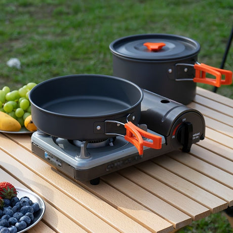 Gray Yellow camping cookware set, 3-4 person pot set, outdoor cooking kit, camp stove pots, camping kitchen set, australian camping gear, portable pots and pans, family camping cookware