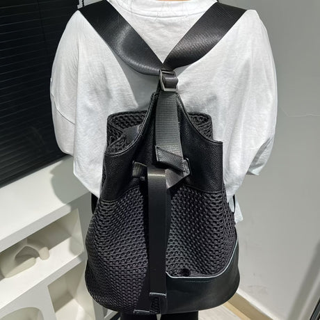 Leather Backpack Mesh Backpack Hybrid Backpack Travel Backpack Stylish Backpack - Black - Size M