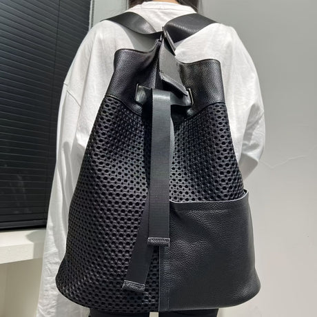 Leather Backpack Mesh Backpack Hybrid Backpack Travel Backpack Stylish Backpack - Black - Size M