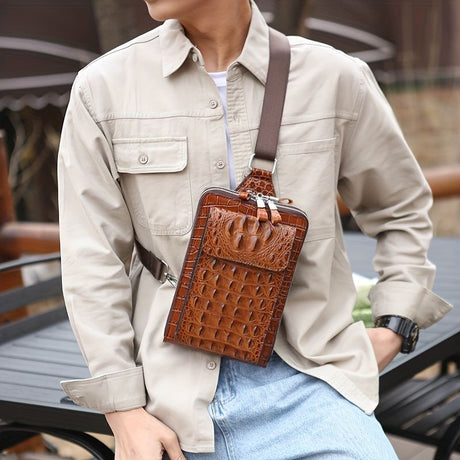 Brown Black Leather Crossbody Bag Chest Bag Croco Embossed Leather Travel Bag Everyday