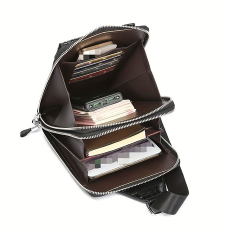 Brown Black Leather Crossbody Bag Chest Bag Croco Embossed Leather Travel Bag Everyday