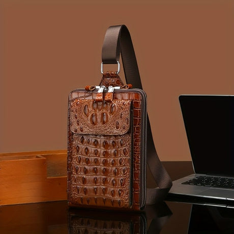 Brown Black Leather Crossbody Bag Chest Bag Croco Embossed Leather Travel Bag Everyday