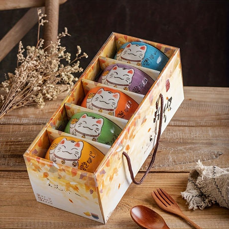 Lucky Cat Ceramic Bowl Set – 4-Piece Maneki-Neko Gift Box