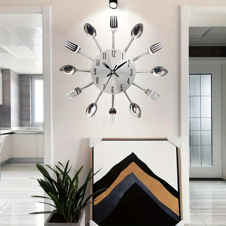 Silver White Cutlery Wall Clock Unique Home Decor Themed Clock Silent Wall Clock Kitchen