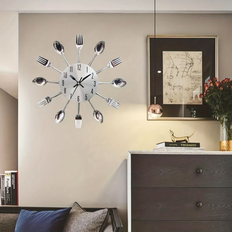Silver White Cutlery Wall Clock Unique Home Decor Themed Clock Silent Wall Clock Kitchen