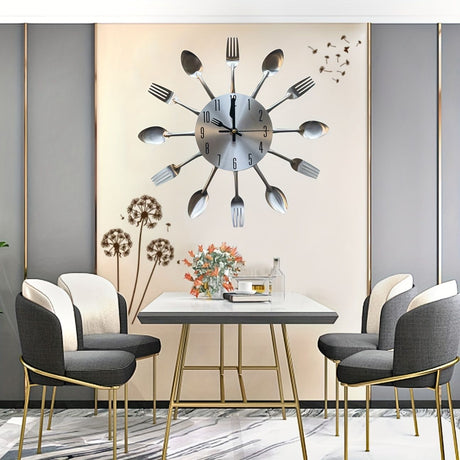 Silver White Cutlery Wall Clock Unique Home Decor Themed Clock Silent Wall Clock Kitchen