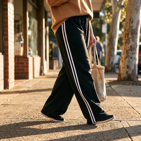 Ladies Extra Wide Leg Track Pants - Size Large - Pack of 3 - Black, Navy, Brown with white stripes
