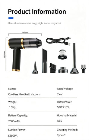 2000mAh wireless high suction dual-purpose car vacuum cleaner for suction and blowing