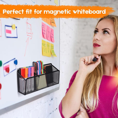 Magnetic Pencil Holder - Extra Strong Magnets Mesh Marker Holder Perfect for Whiteboard, Refrigerator and Locker Accessories (3 Baskets, 1 Pack Black)