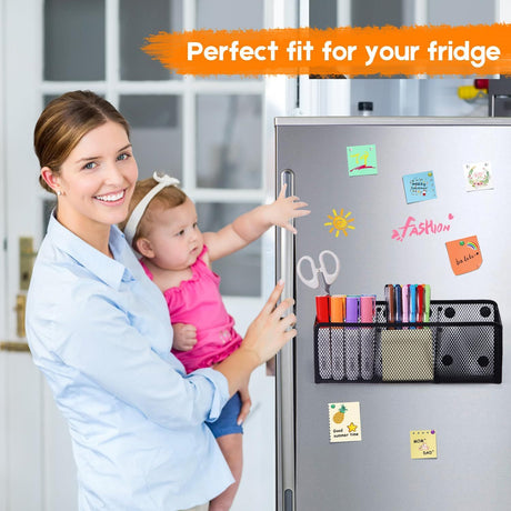 Magnetic Pencil Holder - Extra Strong Magnets Mesh Marker Holder Perfect for Whiteboard, Refrigerator and Locker Accessories (3 Baskets, 1 Pack Black)