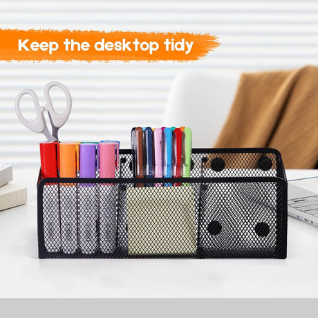 Magnetic Pencil Holder - Extra Strong Magnets Mesh Marker Holder Perfect for Whiteboard, Refrigerator and Locker Accessories (3 Baskets, 1 Pack Black)