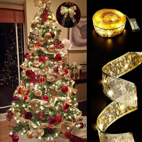 Christmas Tree Decorations String Lights 32.8ft LED Lights Copper Wire Ribbon Bows Lights for Party Weddings Holiday Christmas Tree Decorations (Gold Warm Light Battery Powered)
