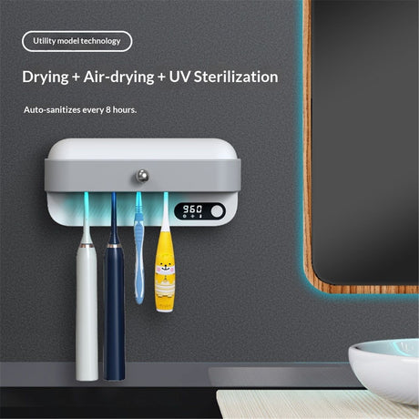 UV Toothbrush Dryer Holder, Heating Plate and Fan Drying Function, Rechargeable and Timing Tooth Brush Holder Wall-Mounted for Bathroom, No Drilling, 4 Slots