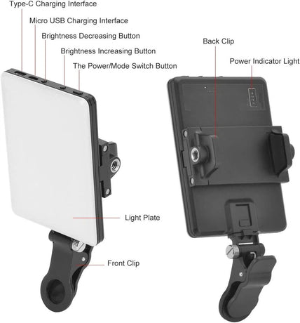 60 LED High Power Rechargeable Clip Fill Video Conference Light with Front & Back Clip, Adjusted 3 Light Modes for Phone, iPhone, Android, iPad, Laptop, for Makeup, TikTok, Selfie, Vlog