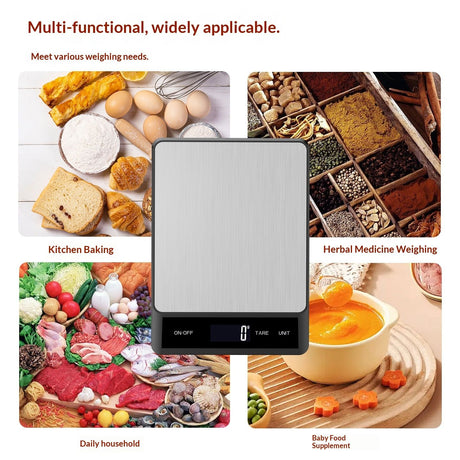 Food Scale Grams and Ounces - Digital Kitchen Scale 10kg/1g Accuracy, Rechargeable ，Stainless Steel, Lightweight for Cooking, Baking, Meal Prep