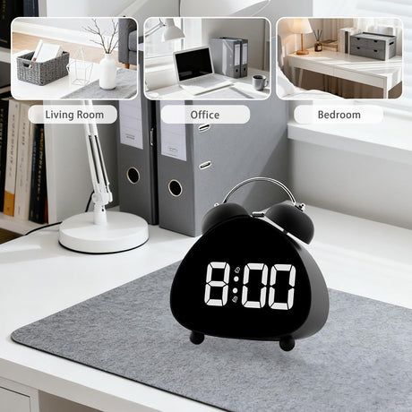 Bell Alarm Clock, Cute Triangle Digital Alarm Clock, Bedside Loud Alarm Clocks for Heavy Sleepers Adults, Silent Desk Clock Battery Operated (Black)