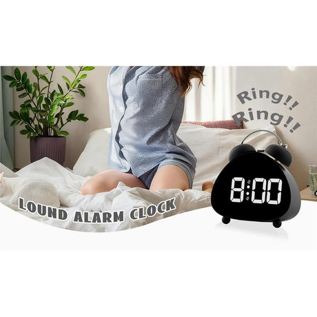 Bell Alarm Clock, Cute Triangle Digital Alarm Clock, Bedside Loud Alarm Clocks for Heavy Sleepers Adults, Silent Desk Clock Battery Operated (Black)