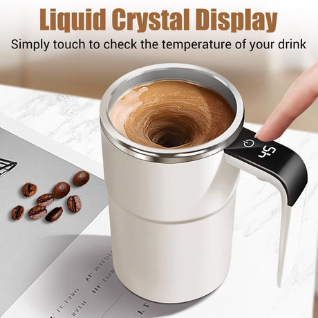 Automatic Stirring Coffee Cup with Temperature Display, Rechargeable Coffee Mug, Self-Stirring Mug with Lid, Smart Mixing Cup for Coffee, Milk and Other Beverages 304 Stainless Steel (white)
