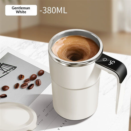 Automatic Stirring Coffee Cup with Temperature Display, Rechargeable Coffee Mug, Self-Stirring Mug with Lid, Smart Mixing Cup for Coffee, Milk and Other Beverages 304 Stainless Steel (white)