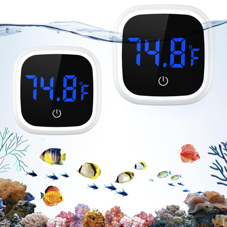 2pcs Digital Aquarium Thermometer, Stick-on LED Fish Tank Thermometer, Mini Aquarium Thermometer Accuracy, Touch Button, Battery, for Fish, Reptile,（Blue letter thermometer）