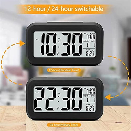2pcs Digital Alarm Clock with Display, Desk Smart Electronic Small Clock with Indoor Temperature, Backlight, Battery Operated, for Home Bedroom Kids Office (Black)
