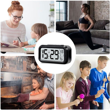 2pcs Digital Alarm Clock with Display, Desk Smart Electronic Small Clock with Indoor Temperature, Backlight, Battery Operated, for Home Bedroom Kids Office (Black)