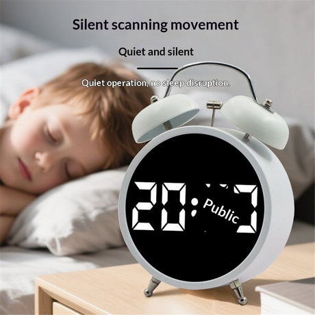 Digital Small Alarm Clock,  Double Bell Electronic LED Alarm Clock, Plug in or Battery Operated Silent Metal Table Clock, Bedside Loud Bell Clock for Heavy Sleepers Adults Kids (White)