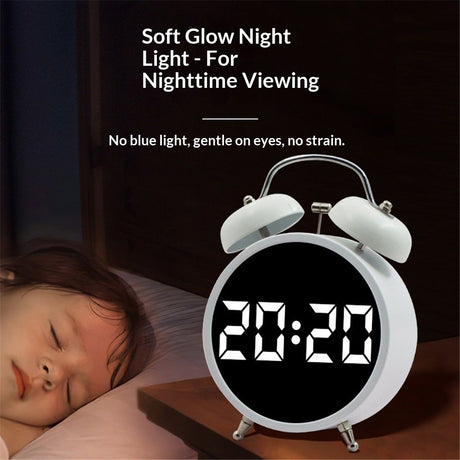 Digital Small Alarm Clock,  Double Bell Electronic LED Alarm Clock, Plug in or Battery Operated Silent Metal Table Clock, Bedside Loud Bell Clock for Heavy Sleepers Adults Kids (White)