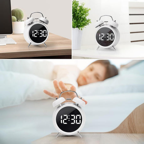 Digital Small Alarm Clock,  Double Bell Electronic LED Alarm Clock, Plug in or Battery Operated Silent Metal Table Clock, Bedside Loud Bell Clock for Heavy Sleepers Adults Kids (White)