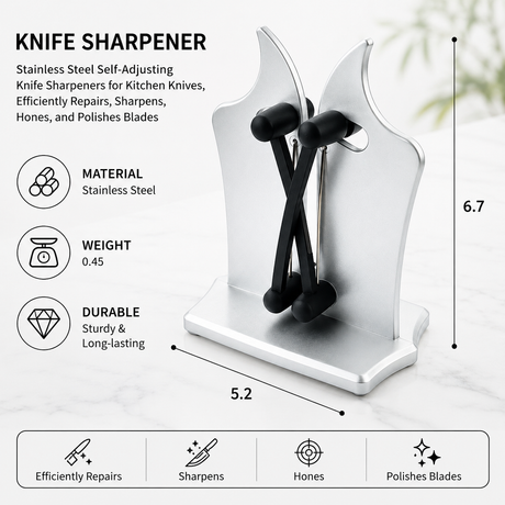 Knife Sharpener - Stainless Steel & Tungsten Carbide Self-Adjusting Knife Sharpeners for Kitchen Knives, Efficiently Repairs, Sharpens, Hones, and Polishes Blades(Sliver)