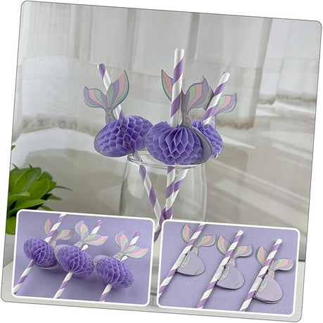 50pcs, Mermaid Purple Honeycomb Paper Straws, 7.72inch Disposable Straw, Little Mermaid Theme Birthday Decoration Gifts, Wedding Birthday Supplies Dining Drink Paper Straws