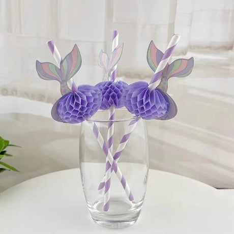 50pcs, Mermaid Purple Honeycomb Paper Straws, 7.72inch Disposable Straw, Little Mermaid Theme Birthday Decoration Gifts, Wedding Birthday Supplies Dining Drink Paper Straws