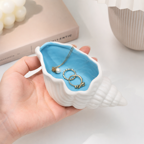Conch Shape Ceramic Jewelry Tray, Aqua Shell Trinket Dish Ceramic Ring Earring Holder Ocean-themed Decorative Trinket Plate for Rings Earrings Necklaces