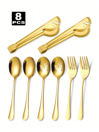 8Pcs Stainless Steel Serving Utensil Set, Spoon Colander Fork Food Tong For Home Restaurant Buffet