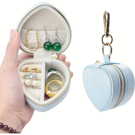 1pc Mini Heart-Shaped Jewelry Box with Keychain, Zipper Closure, Portable Jewelry Organizer, Blue