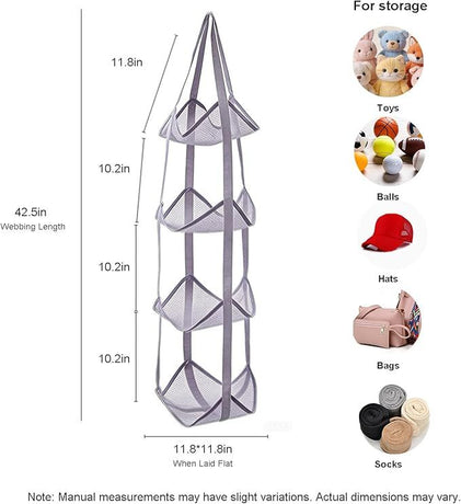 4-Tier Hanging Mesh Ball Storage Organizer, Basketball Storage for Sports Balls & Helmets, Space-Saving Hanging Ball Holder for Garage, Basement, Bedroom (Grey)