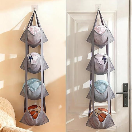 4-Tier Hanging Mesh Ball Storage Organizer, Basketball Storage for Sports Balls & Helmets, Space-Saving Hanging Ball Holder for Garage, Basement, Bedroom (Grey)