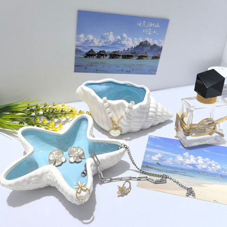Conch+Starfish Shape Ceramic Jewelry Tray, Aqua Shell Trinket Dish Ceramic Ring Earring Holder Ocean-themed Decorative Trinket Plate for Rings Earrings Necklaces 2Pcs
