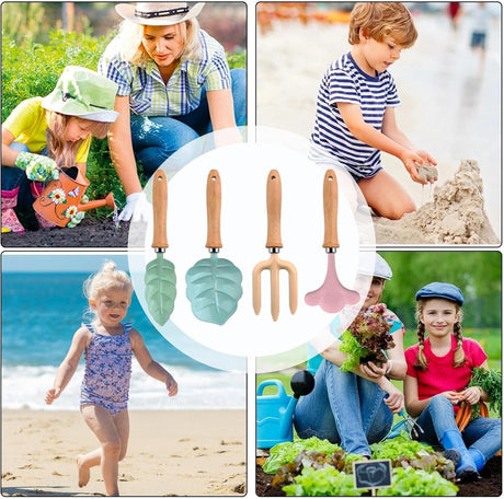 Garden Tools, Leaf Shape Set, Wooden Handle Kit with Durable Build, Shovel Rake Set with Easy Grip, Outdoor Toys, Suitable for Beach Sand Play Yard Sandbox Lawn Activities