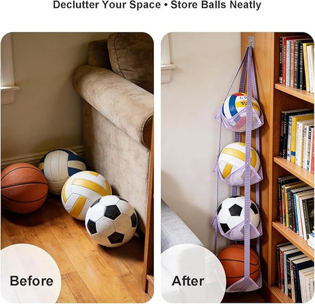 4-Tier Hanging Mesh Ball Storage Organizer, Basketball Storage for Sports Balls & Helmets, Space-Saving Hanging Ball Holder (purple)