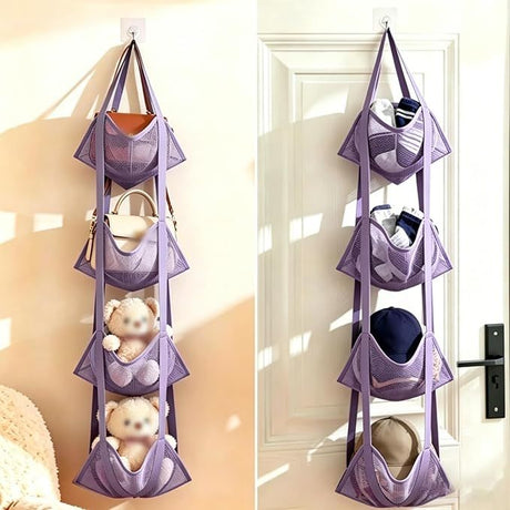 4-Tier Hanging Mesh Ball Storage Organizer, Basketball Storage for Sports Balls & Helmets, Space-Saving Hanging Ball Holder (purple)