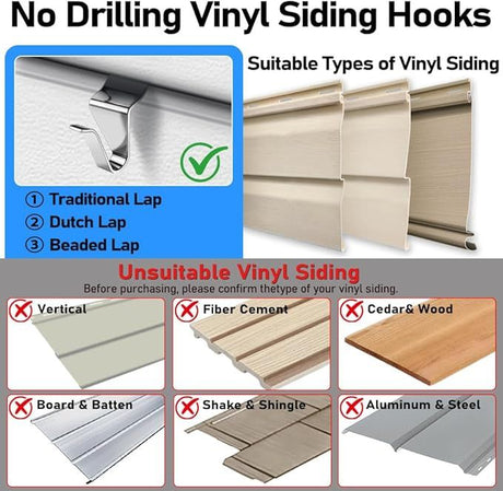 10PCS Vinyl Siding Hook, Thicken Stainless Steel Vinyl Siding Clips Hangers, Heavy-Duty No Drill Vinyl Hook for Outdoor Decor, Hanging on Patio, Wreath Hangers